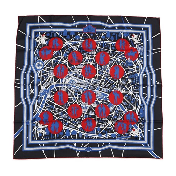 HERMES Carre LES NOUVEAUX AMOUREUX FE PARIS Size 90 Silk100% Black/Blue/Red - Picture 1 of 5